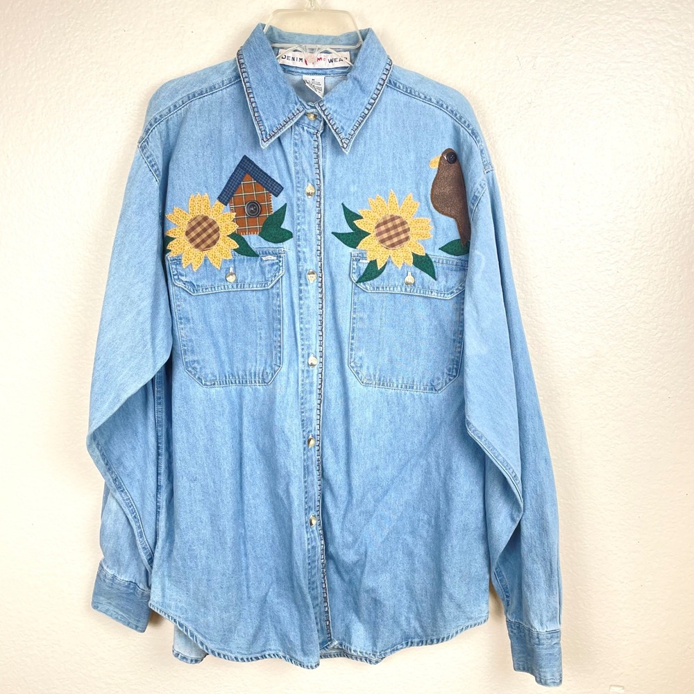 Vintage 90s Womens Top Sz M Denim Button Up Patchwork Sunflowers Bird Teacher